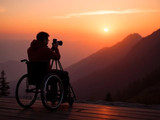 An individual in a wheelchair operating a camera on a tripod, positioned at an accessible viewing deck overlooking a stunning mountain vista during a golden hour sunset.