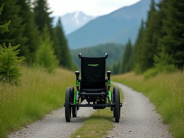 A view of custom-designed, all-terrain adaptive hiking equipment, possibly a specialized trail wheelchair, on a gravel path ready for use in the mountains.