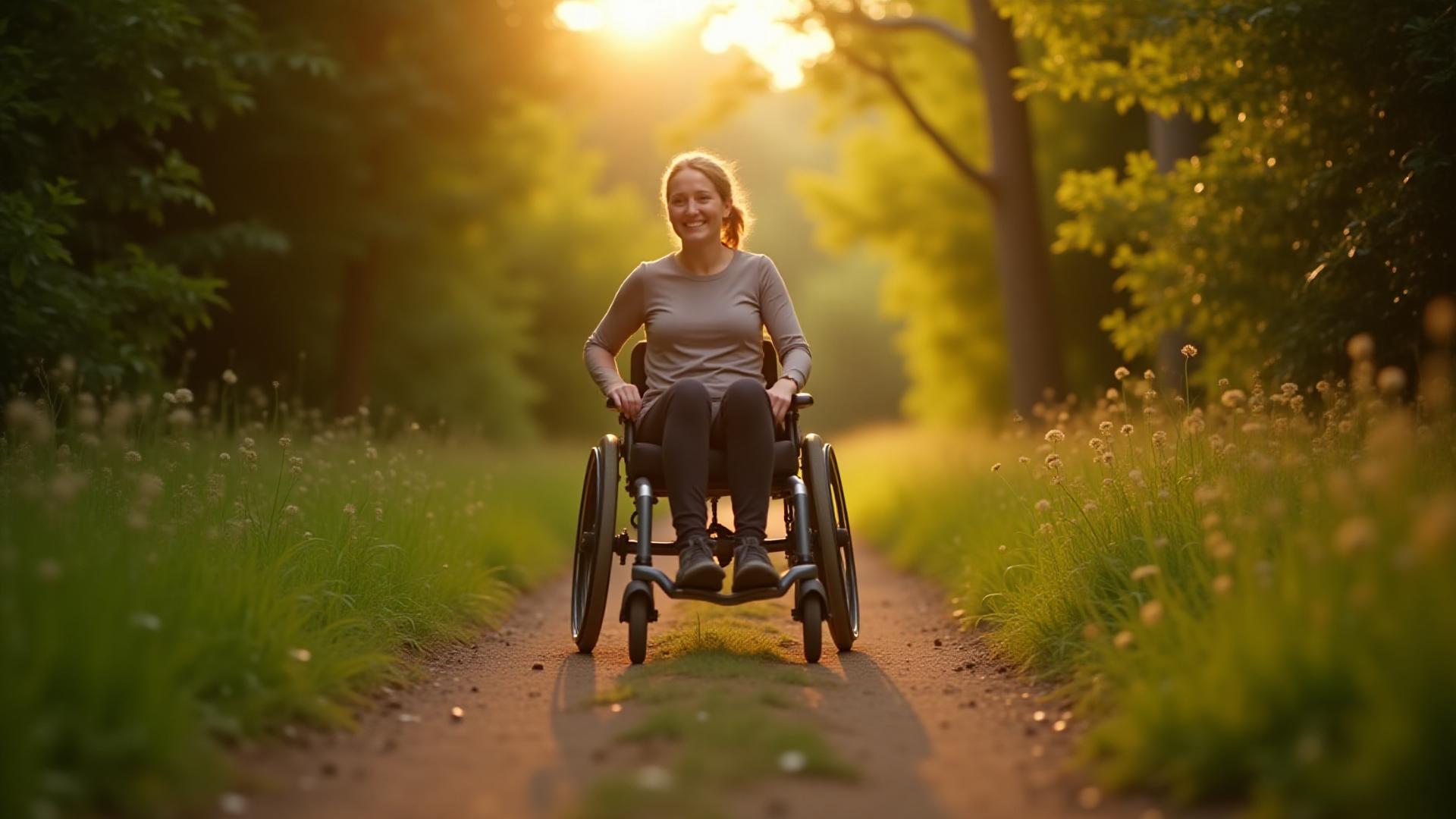 An individual in an adaptive trail wheelchair, with a wide, joyful smile, navigating a scenic dirt path through a lush forest at golden hour.