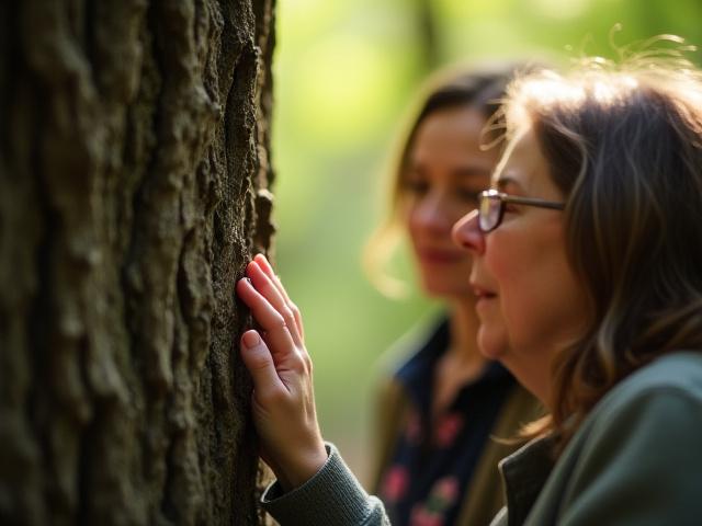 A guide gently touching a textured bark of a tree, while a visually impaired participant with a thoughtful expression listens intently to the sounds of a forest, showcasing sensory engagement.