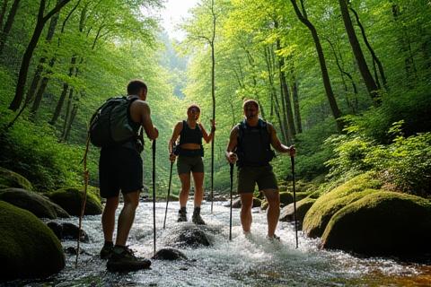 Hikers crossing a stream on a beautiful trail