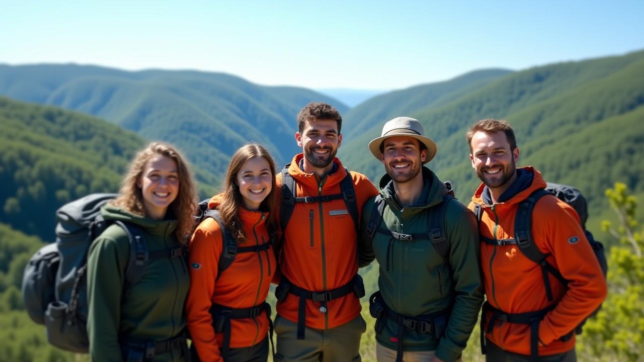 Diverse team of Frandolixumetra guides smiling in a lush mountain setting