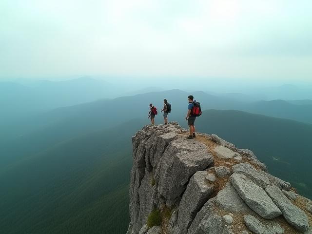 Hikers on an exposed mountain ridge in the Adirondacks