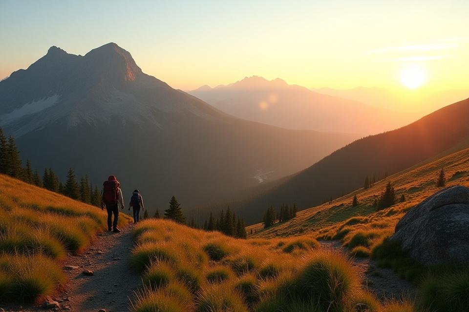 Panoramic view of rugged mountains bathed in golden hour light, with a winding hiking trail visible and a small group of backpackers in the distance.