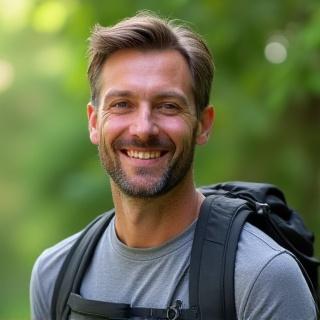 Portrait of Mike G., smiling, with a lush green forest background, wearing a hiking backpack.