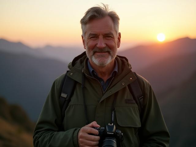 Portrait of renowned landscape photographer, Benjamin Carter, standing amidst a dramatic mountain vista with a camera.