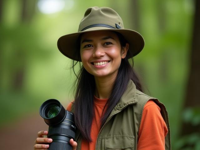 Portrait of acclaimed wildlife photographer, Dr. Anya Sharma, in a camouflage vest holding a telephoto lens, with a blurred forest background.