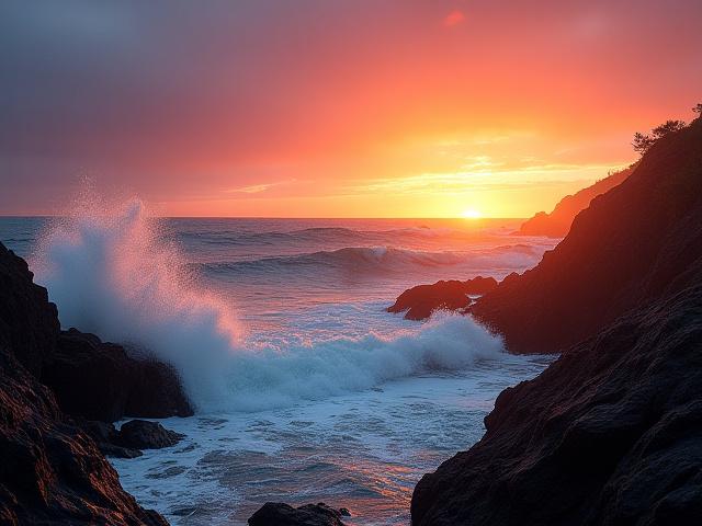 A dramatic coastal cove at sunset, with waves crashing against rocks and rich, warm lighting.