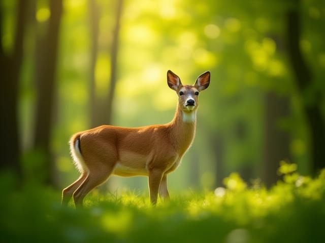 A majestic deer grazing peacefully in a sun-dappled forest, shallow depth of field, captured ethically.