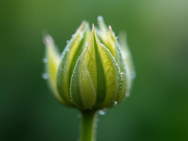 Extreme close-up macro photograph of a dew-kissed wildflower, showcasing intricate detail and vibrant colors.