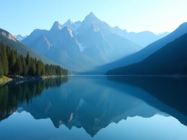 Serene reflection of a mountain range in a still lake at sunrise, captured with excellent composition.