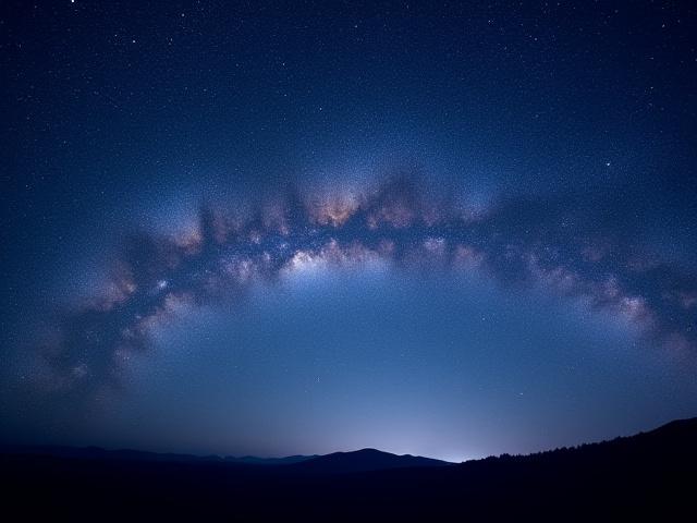 A mesmerizing view of the Milky Way arching over a dark mountain silhouette, expertly captured astrophotography.