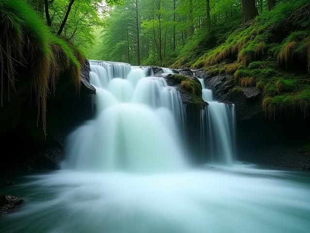 Silky smooth long exposure photograph of a powerful waterfall amidst lush greenery.