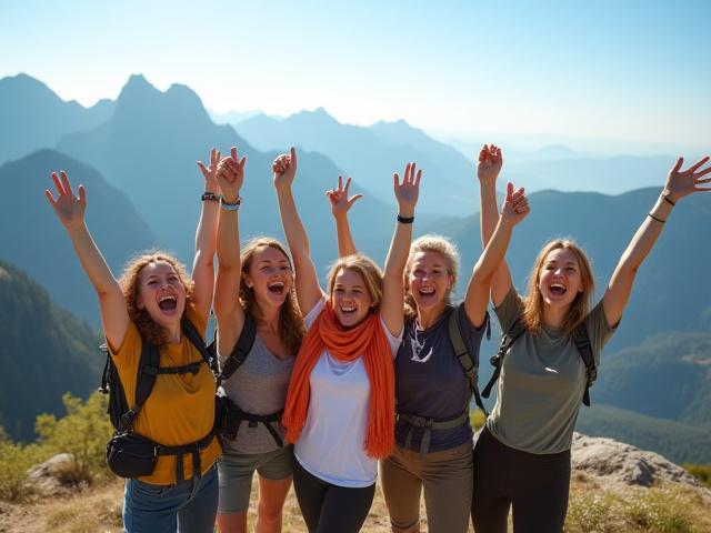 Joyful group of friends celebrating at a scenic high point or summit during a bachelorette celebration hike.