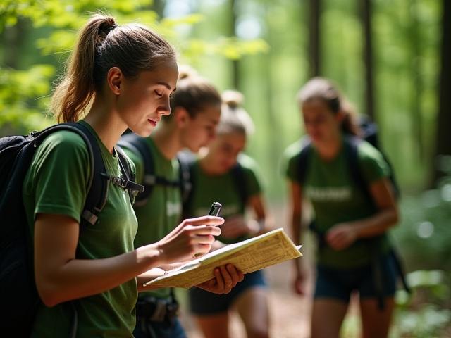 Corporate team members using a map and compass for an orienteering race in a lush forest.