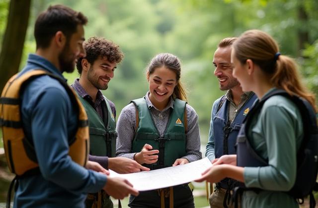 Corporate team engaged in a ropes course activity during a team-building retreat.