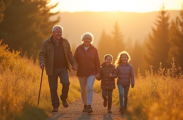 Multi-generational family enjoying a scenic hike together, laughing and pointing at nature.
