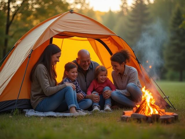 A smiling multi-generational family setting up their tent and campsite together in a scenic natural environment.