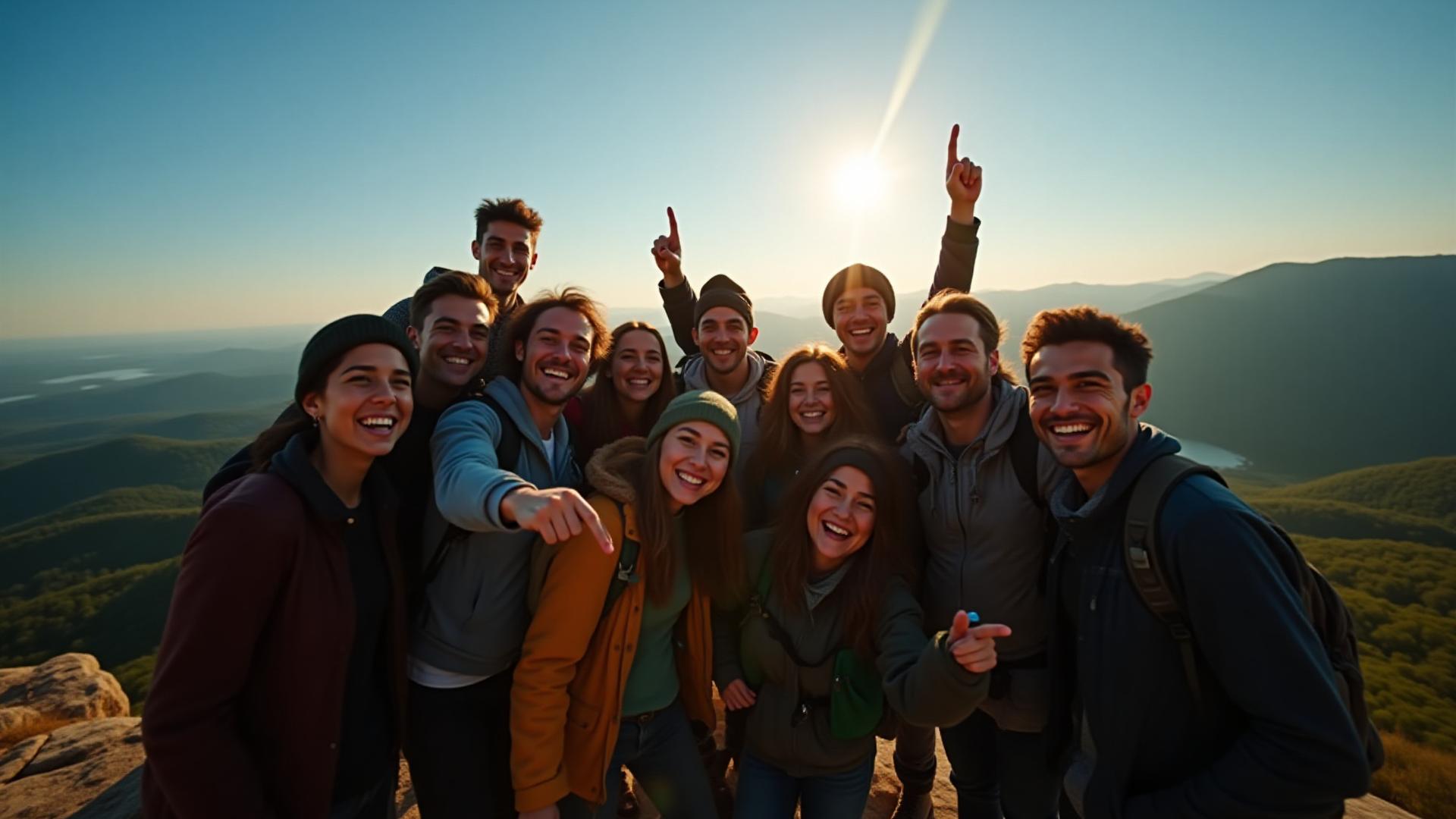 Diverse group of friends or colleagues smiling triumphantly at a mountain summit during a private Frandolixumetra expedition.
