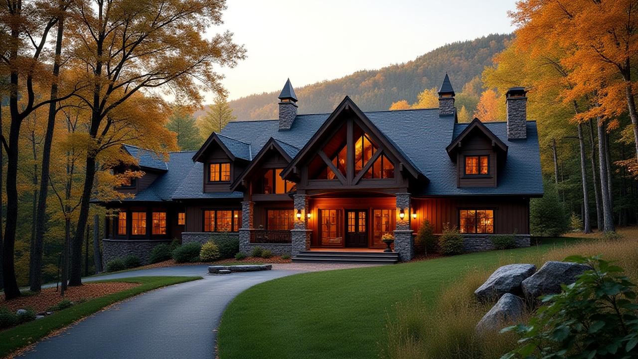 Exterior view of a rustic yet elegant lodge nestled in the Catskill Mountains, surrounded by lush forest.