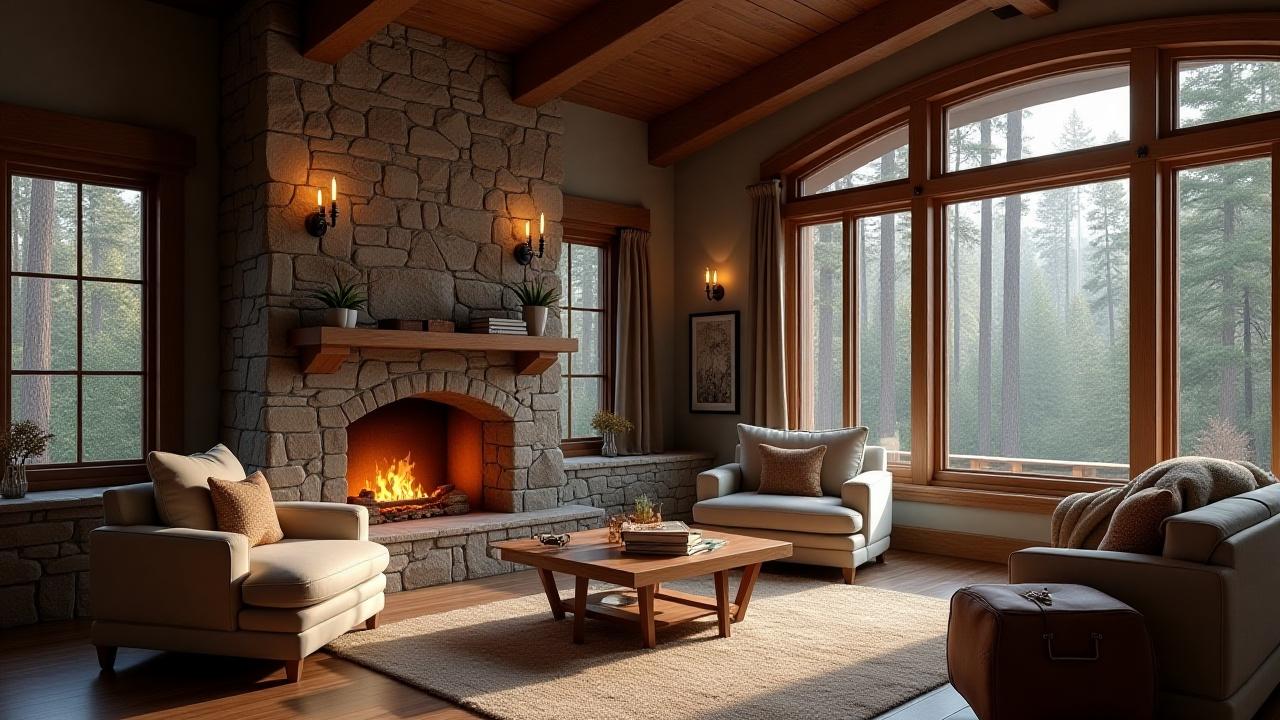 Cozy and well-appointed interior common area of the Catskills Lodge with fireplace and comfortable seating.