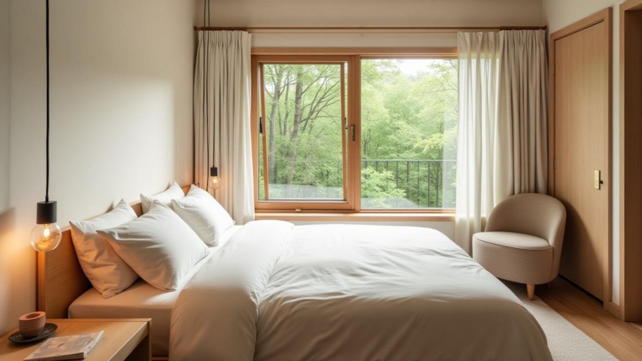Serene and comfortable bedroom at the Catskills Lodge with natural light and simple decor.