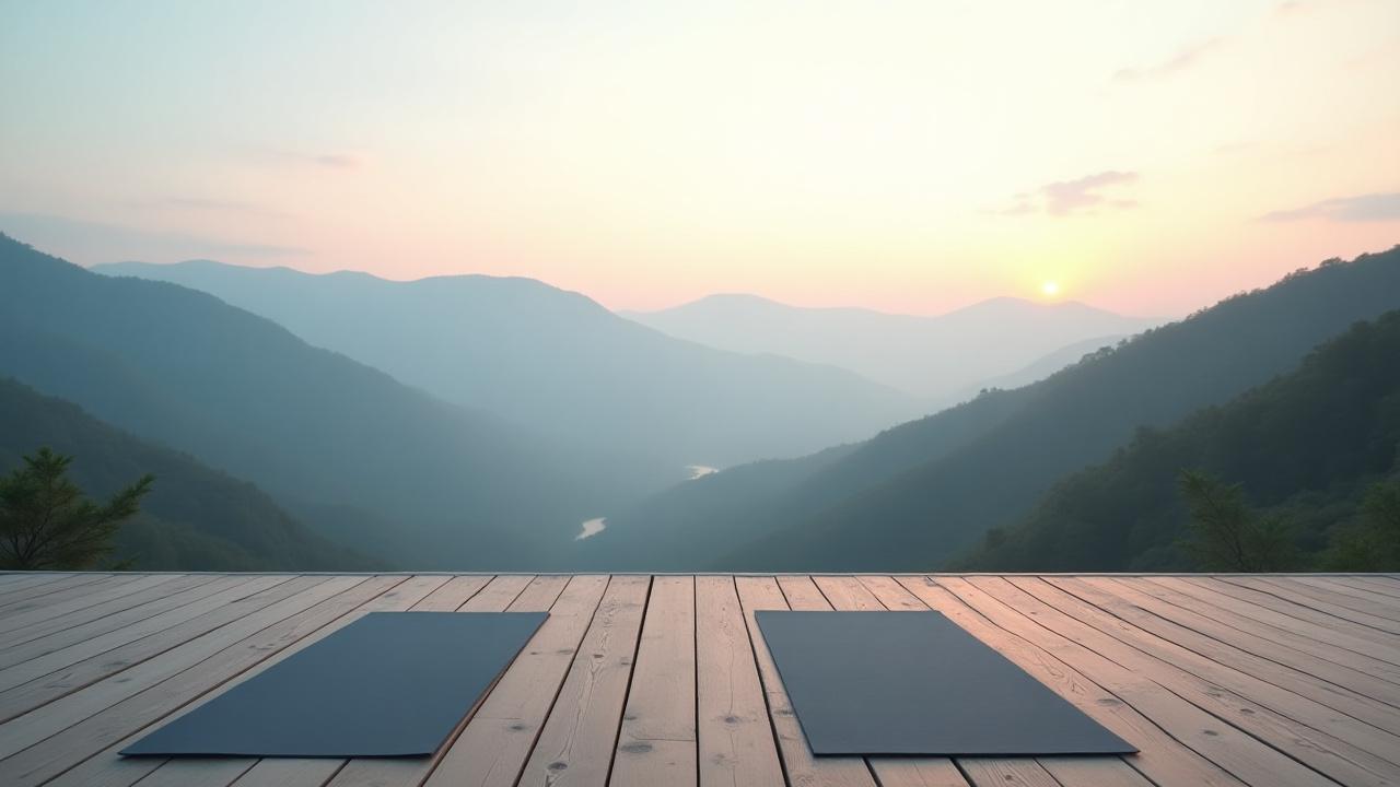 Outdoor yoga deck at the Catskills Lodge, overlooking a scenic mountain vista at dawn.