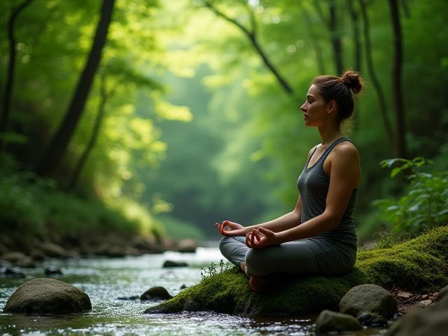 Person meditating beside a gentle stream in a lush forest.