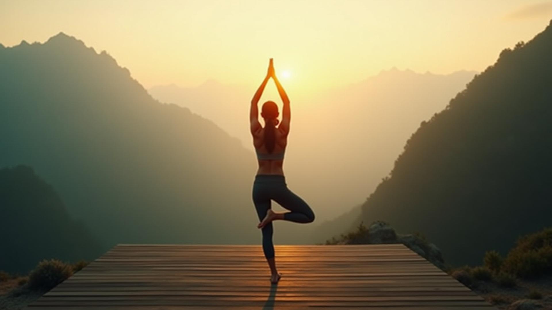 Woman doing yoga at sunrise overlooking a misty mountain valley.