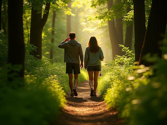 Group mindfully hiking through a sun-dappled forest path.