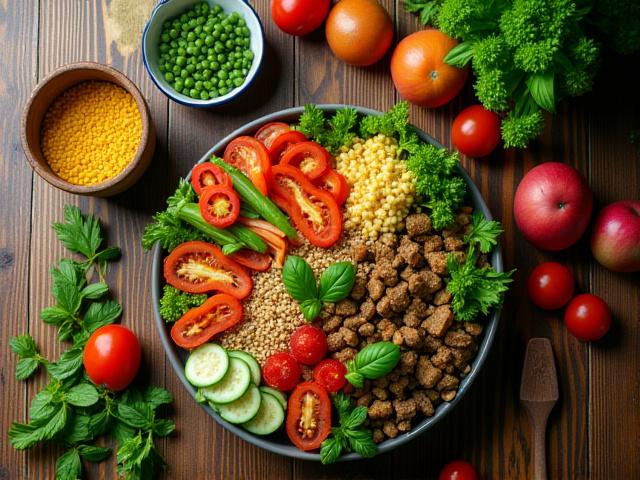 Beautifully plated vibrant, healthy, and locally-sourced meal on a wooden table.
