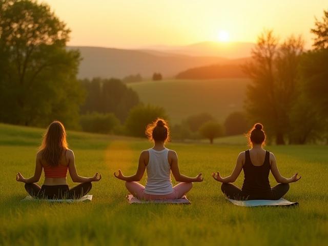 Group practicing outdoor yoga at sunrise in a serene natural setting.