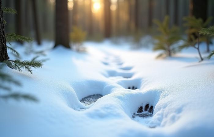 Footprints of a fox clearly visible in fresh snow in a dense Catskills forest.