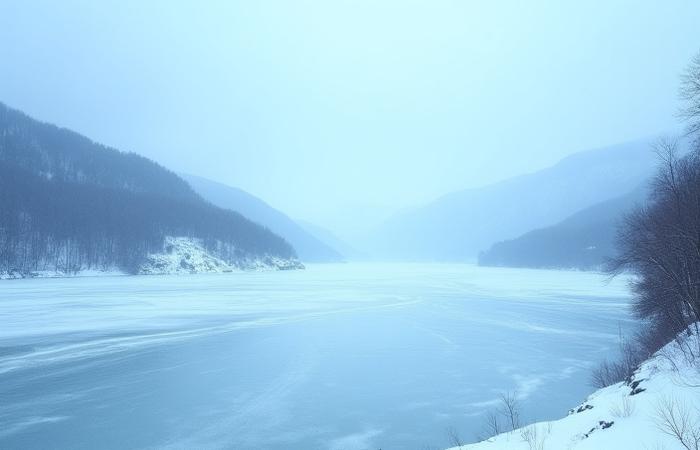 A scenic view of the frozen Hudson River landscape with distant eagles.