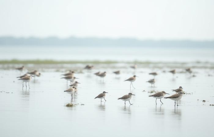 Various migratory shorebirds foraging in the shallow waters of Jamaica Bay.