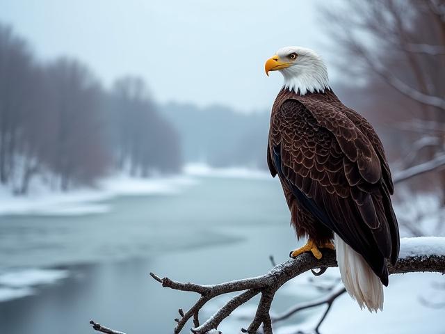 A bald eagle perched on a branch overlooking a snowy river.