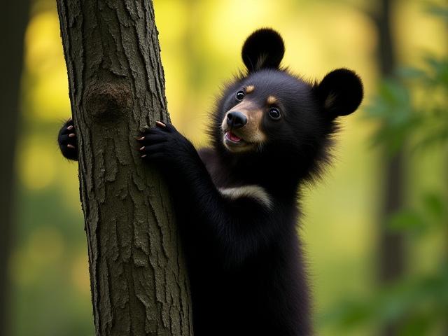 A black bear cub playfully climbing a tree in a dense forest.