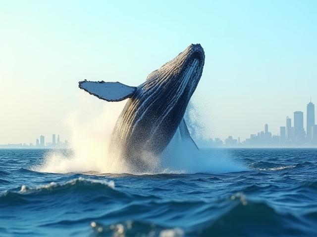 A humpback whale breaching out of the ocean with the New York coastline in the distant background.