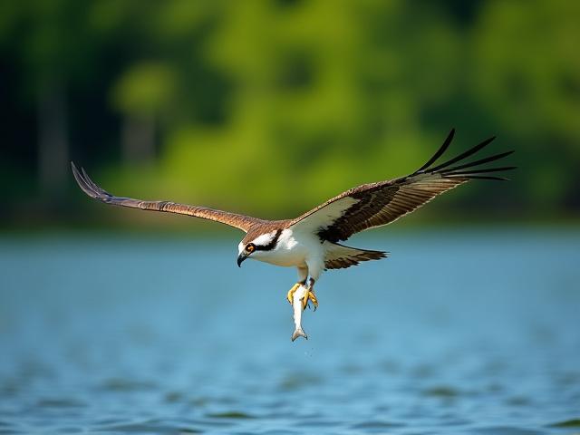 An osprey carrying a fish in its talons, flying over a lake.