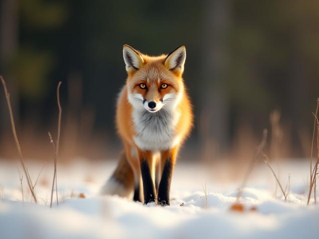 A red fox with beautiful, alert eyes standing in a snowy field.