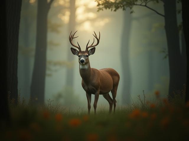 A majestic white-tailed deer in a misty forest at dawn.
