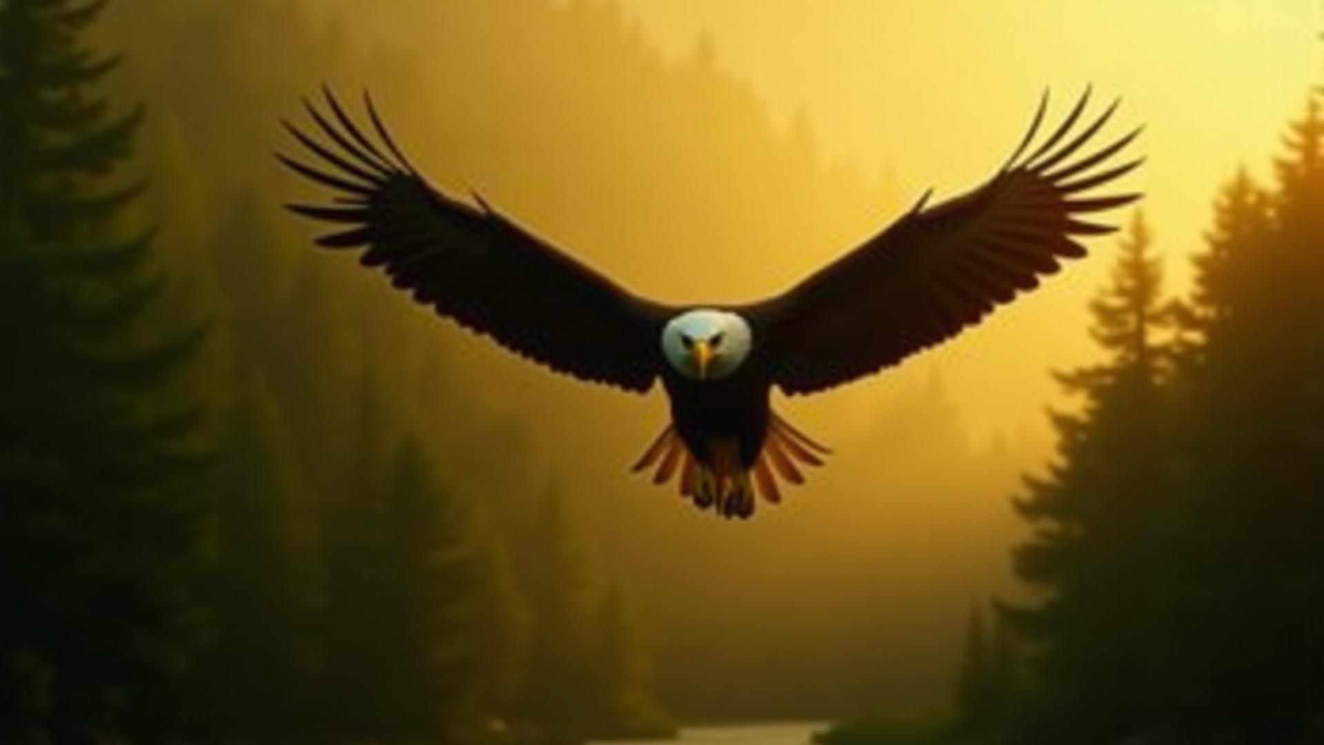 Close-up of a majestic bald eagle in flight over a forest canopy, capturing the intensity of its gaze.