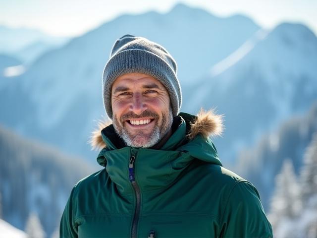 Smiling Frandolixumetra guide in winter gear, surrounded by snowy nature