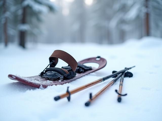 Snowshoes and poles neatly arranged on fresh snow