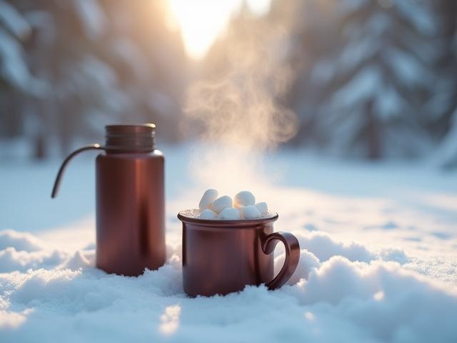 Thermos and steaming mug of hot cocoa in the snow with a snowy forest background