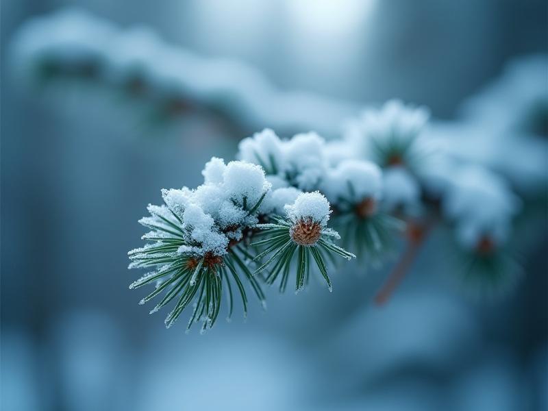 Close-up of a snow-covered pine bough with delicate ice crystals and soft bokeh background